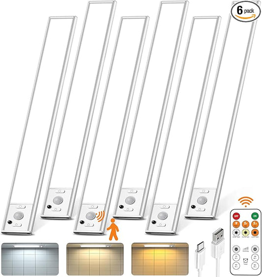 12inch Under Cabinet Lighting with Remote, 2500mAh Rechargeable Motion Sensor Light Indoor, LED Closet Lights with Timer, Dimmable, Magnetic, 3 Color Temps Wireless for Kitchen, Pantry, Stair, 6 Pack