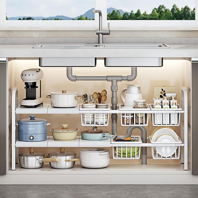 Under Sink Organizer，2 Tier Expandable Heavy Duty Metal Shelf，with 5 Removable Panels and 5 Storage Basket for Under Kitchen Bathroom Sink Organizers and Storage (White, X-Large)