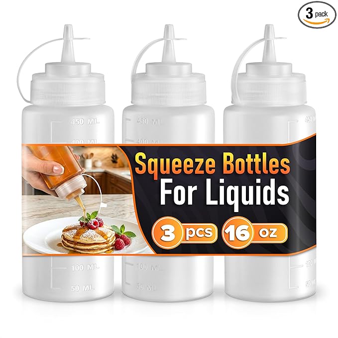 3-Pack Plastic Condiment Squeeze Bottles 16 oz – Refillable Squirt Bottles with Narrow Tip, Leak-Resistant | Great for Oil, Sauces, Ketchup, Mayonnaise, Syrup, Dressing, BBQ Stations & Catering Use