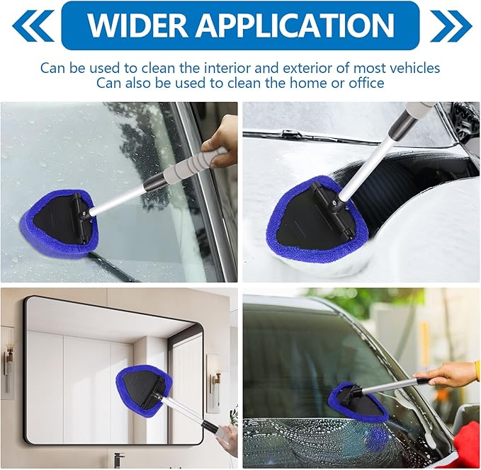 wuyaoyao Car Windshield Cleaning Tool, Car Windshield Window Cleaner, Auto Window Glass Cleaning Kit with Extendable Handle & Reusable Microfiber Pad & Spray Bottle, Universal Car Accessories (Blue)
