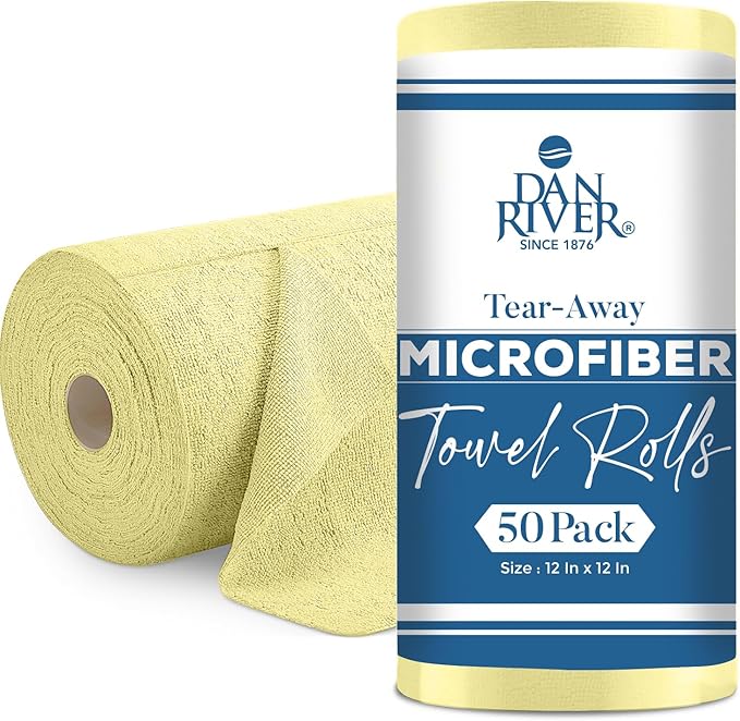 DAN RIVER Microfiber Cleaning Cloth Roll-50PK, Reusable Paper Towels Yellow Tear Away Cleaning Towels, Microfiber Towels Washable Shop, Lint Free Cleaning Rags for House, Kitchen, Window-11.5"×11.5"
