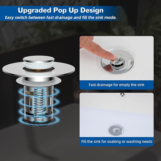 Hibbent 4 Pack Upgraded 3 in 1 Bathroom Sink Drain Strainer, Universal Pop Up Stopper with Removable Stainless Steel Filter Basket Hair Catcher