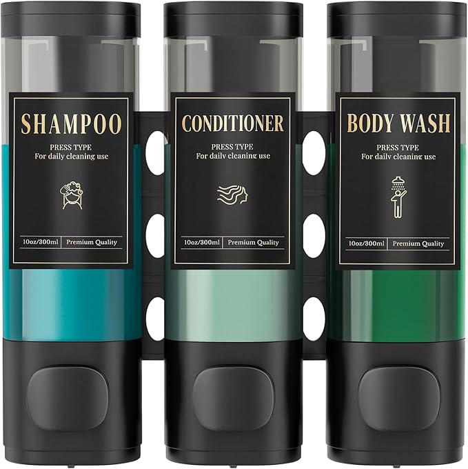 Luxspire Shampoo and Conditioner Dispenser, No Drill Wall Mounted Shower Soap Dispenser 3 Chamber with Waterproof Labels, Easy Refill Soap Dispenser for Bathroom Hotel Kitchen, Black