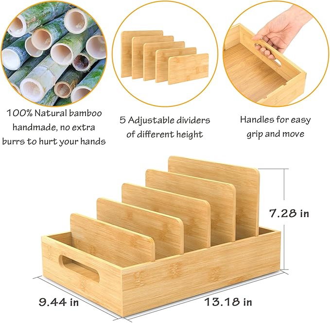 Retro Shaw Bamboo Food Container Lid Organizer with Adjustable Dividers for Cabinet, Lid Organizer for Plastic Lids and Covers Kitchen Storage and Organization