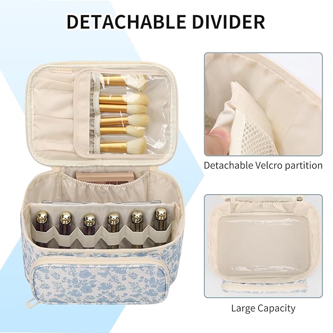 OCHEAL Makeup Bag, Multifunctional Make Up Bags Large Compact Makeup Bag Organizer Cosmetics Toiletry Brushes Storage Case for Women Girls Makeup Case with Handle Divider-Floar