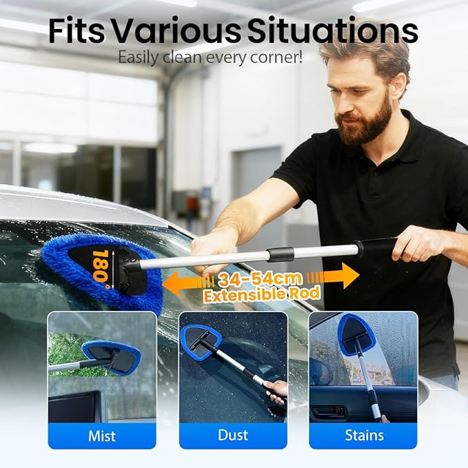 Windshield Cleaner Tool, 180 Degree Rotatable Inside Windshield Cleaning Set, Longer Extendable Windshields Cleaning Tool