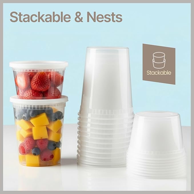 Plastic Deli Containers with Lids 16 oz (Pack of 100) – Leak-Proof, BPA-Free Food Storage Containers for Soup, Slime & Meal Prep, Stackable, Microwave