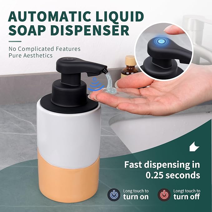 BosilunLife Automatic Soap Dispenser Ceramic Hand Free Soap Dispenser with Waterproof Pump Rechargeable Smart Electric Soap Lotion Dispenser Touchless for Kitchen Bathroom (White-Orange, Liquid Pump)