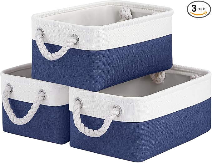 Storage Baskets for Shelves 11.8x7.9x5.2 Inch, Foldable Fabric Storage Bins with Handles, Small Storage Baskets for Organizing Closet, Office, Home Organization (3-Pack, White&Blue)