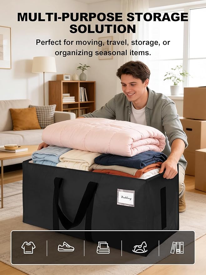 80 Pack Large Strong Moving Bags with Zippers & Carrying Handles, Black