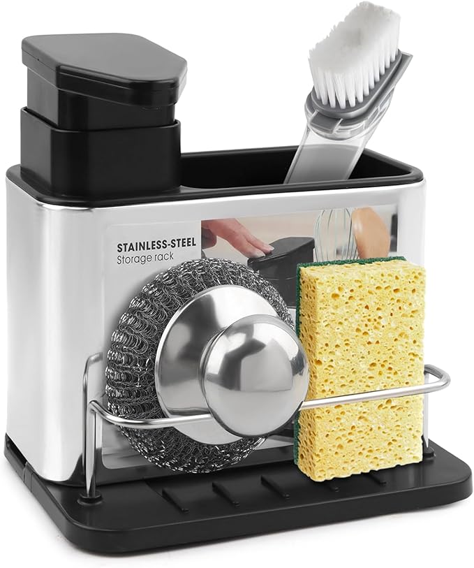 3-in-1 Dish Soap Dispenser, Sponge Holder for Kitchen Sink Caddy, Organizer Dish Soap Dispenser with Cleaning Brush and Tray Drainer Rack Countertop