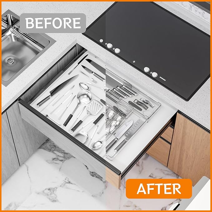 Clear Expandable Silverware Drawer Organizer, Adjust From 11'' to 22'', Knife