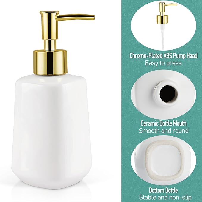 Natheeph Dish Soap Dispenser, Hand Soap Dispenser Ceramic Bottle, Refillable Liquid Great for Kitchen Dish Soap, Hand Soap, Essential Oil & Lotion (Bright White)