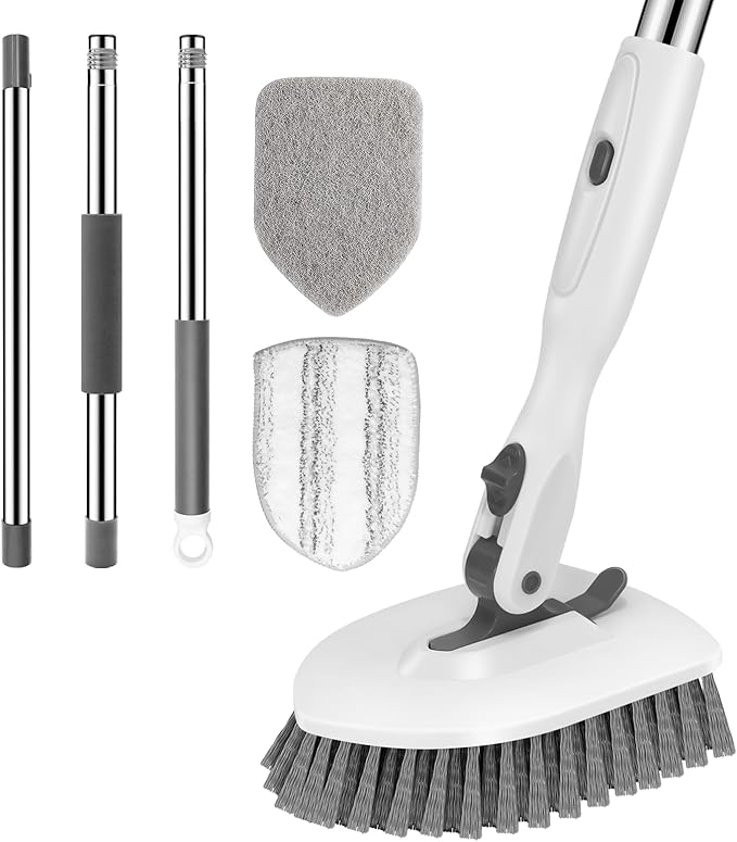 SetSail Floor Scrub Brush, 3-in-1 Tile Tub Floor Scrubber with 52-inch Adjustable Long Handle Shower Cleaner Brush and 3 Detachable Replacement Brush Heads for Cleaning Bathroom Tub Tile, White Grey