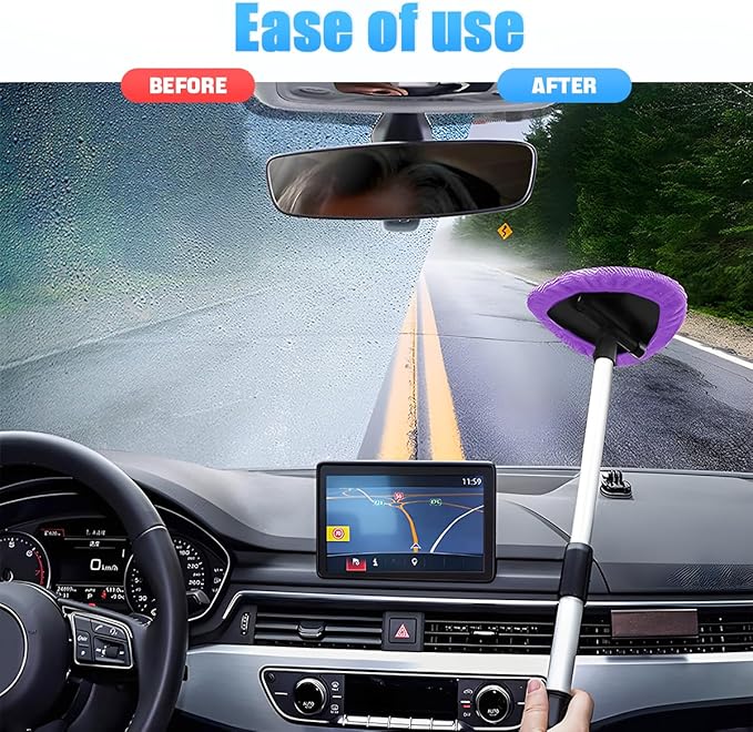 Windshield Cleaning Tool, Car Window Cleaner with Extendable Long Handle and 4 Washable Reusable Microfiber Pads