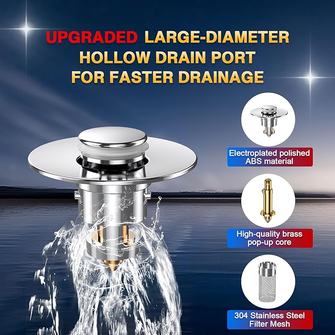 Bathroom Sink Drain Strainer, Pop Up Sink Drain Filter with Removable Stainless Steel Filter Basket Hair Catcher, Bathroom Sink Drain Stopper