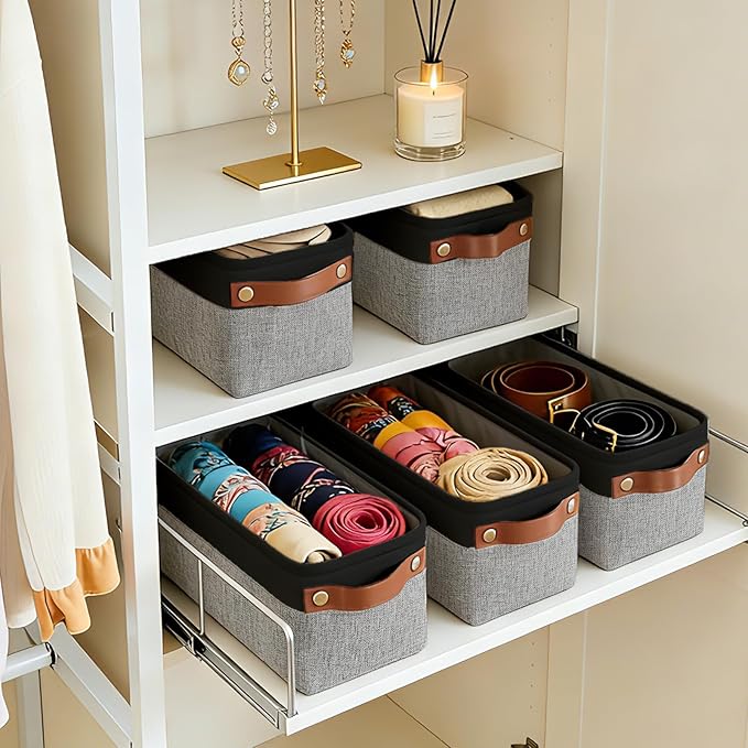 Bagnizer Small Fabric Storage Baskets, 15x6x5 inch Narrow Storage Bins 4-Pack Long Storage Basket for Organizing with Handles