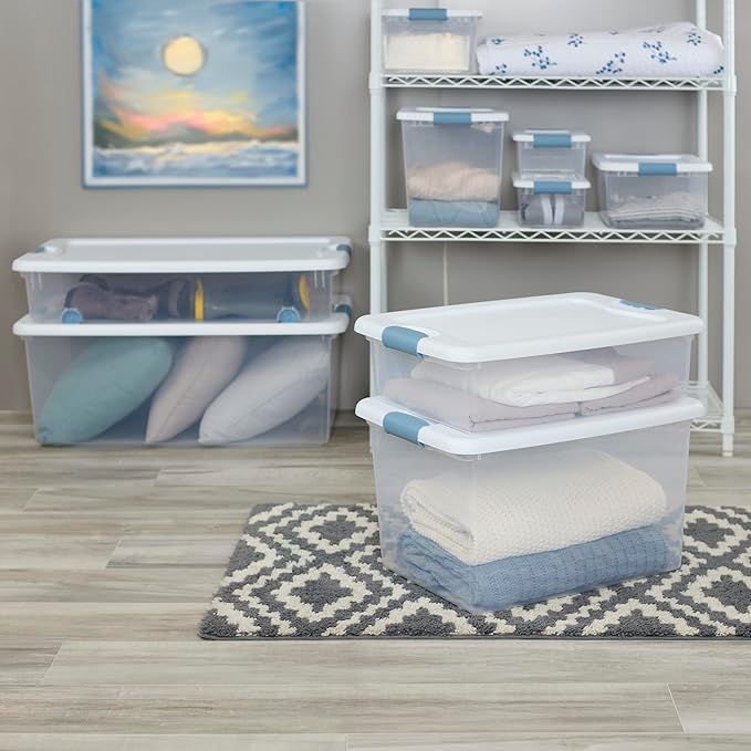 Sterilite 4-Pack Latching Box, Under Bed Storage Bins with Lids, Clear Plastic, 106 Quart - Heavy-Duty Organizing Containers for Closet, Bathroom, and Office