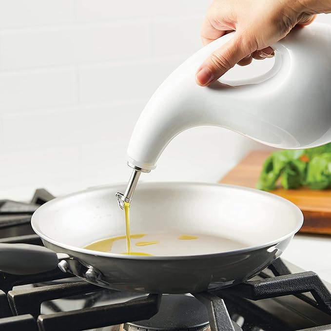 Rachael Ray Ceramic EVOO Oil and Vinegar Dispensing Bottle with Spout, 24 Ounce, White