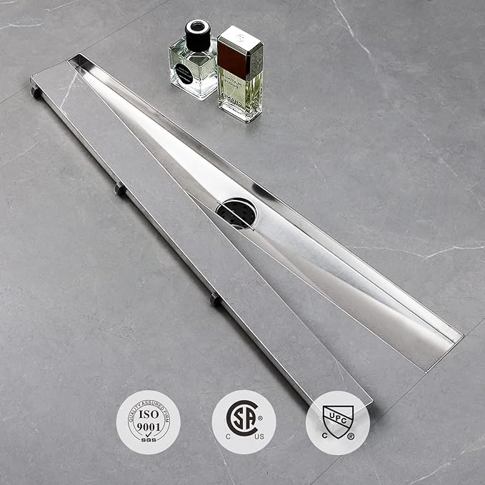 SaniteModar Linear Shower Drain, Shower Drain 18 inch with Flat and Tile Insert 2 in 1 Panel, Brushed 304 Stainless Steel Linear Drain