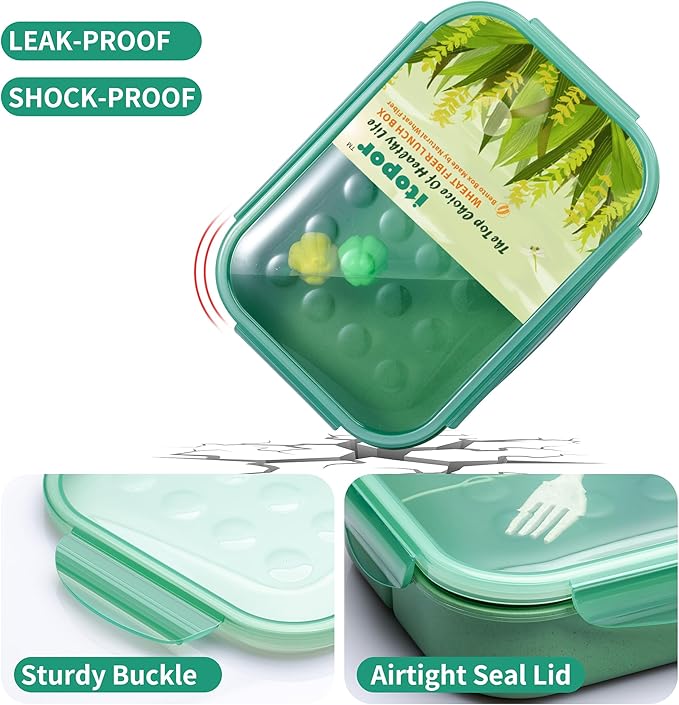 Itopor Wheat Straw Bento Box Adult Leak-Proof Lunch Box with Fork, 3-Compartment Lunch Containers for Adults & Teens, BPA-Free