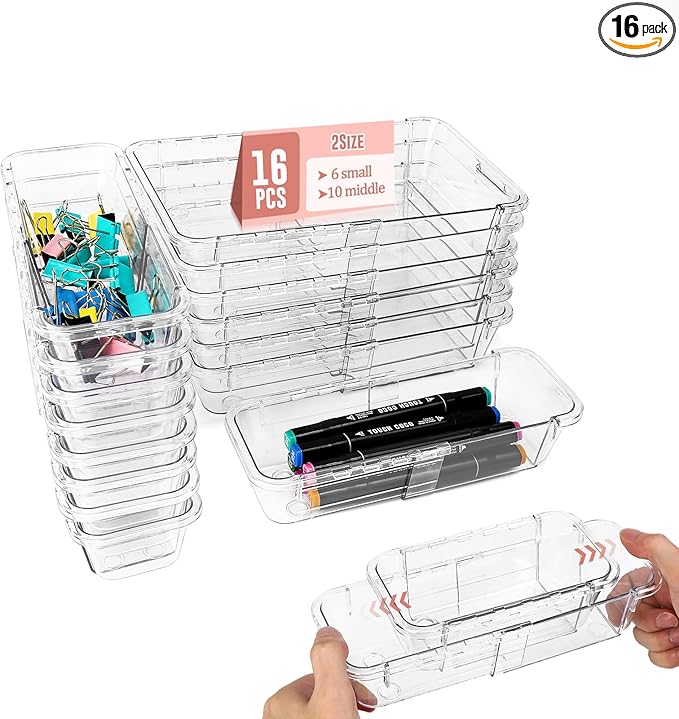 Yummy Sam 16PCS Expandable Drawer Organizers, 2-Size Clear Acrylic Storage Box, Expanding & Adjustable Drawer Organizer for Makeup, Vanity, Bathroom, Kitchen, Office
