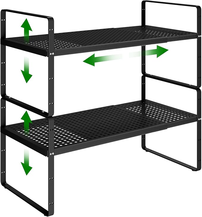 Expandable Kitchen Cabinet Shelf Organizer Rack Heavy Duty Metal Spice Rack Stackable Kitchen Counter Storage Shelf for Kitchen Cabinet Pantry Bathroom (Black - 16.5"-27" L x 10.2" W x 9.6" H - 2Pack)