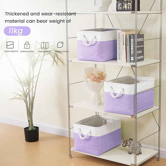 Large Storage Baskets- 15x11x10 inch Storage Bins for Shelves and Closet Organizing, Foldable Fabric Bin for Home Organization Clothes and Laundry (6-Pack, White&Purple)