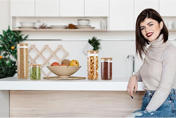 Qinyoung Glass Storage Jars with Wooden Lids, 4 Sizes Food Storage Containers Clear Stackable Canisters Airtight Glass Jars for Candy Cookie (Clear