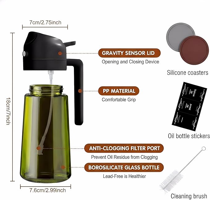 2pcs Oil Sprayer for Cooking;16oz/470ml 2 in 1 oil dispenser and oil sprayer;Light-Blocking Dark Green Glass Oil Bottle for Air Fryer, BBQ, Kitchen Gadgets with cleaning brush,Non-slip mat