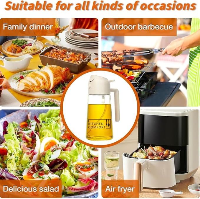 2 in 1 Oil Sprayer & Dispenser - 16oz/470ml Glass Bottle - Air Fryer, Frying, Baking, Olive Oil - Off White
