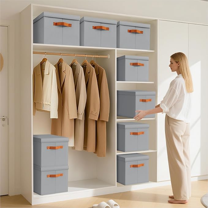 Storage Bins with Lids, Fabric Storage Baskets for Shelves, Grey