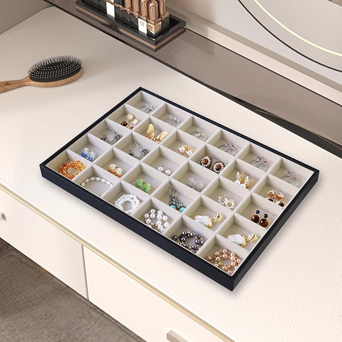 Wudygirl Jewelry Organizer 30 Grid Jewelry Tray with Lid Earring Holder Organizer for Women Ring Earring Bracelet Holder Storage (Pu Black Beige)