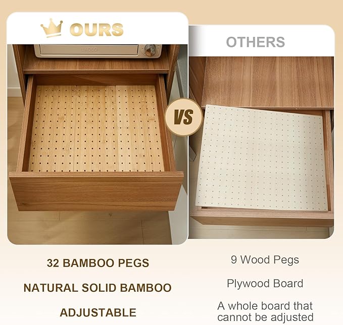 Kigley 3 Pcs Bamboo Wood Pegboard Drawer Organizer with 32 Pegs Wooden Peg Board Drawer Shelf Organizer Adjustable Peg System for Dishes Plate Pot Container Cookware Utensil Kitchen