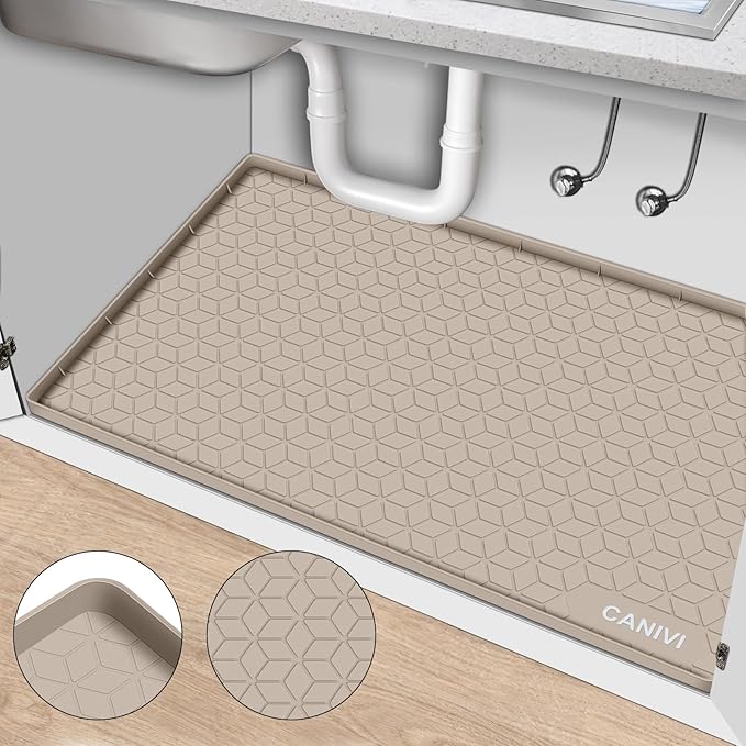 Under Sink Mat, 31" x 22" Waterproof Silicone Under Sink Tray for Kitchen & Laundry Cabinets, Kitchen Cabinet Shelf Protector, Up to 3.2 Gallons Liquid, Fits 36 inch Standard Cabinet(Apricot)
