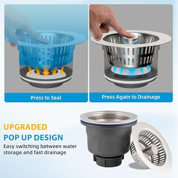 Hibbent Upgraded 3 in 1 Kitchen Sink Drain Strainer and Stopper Combo Assembly Kit, Stainless Steel Larger Anti-Clogging Basket