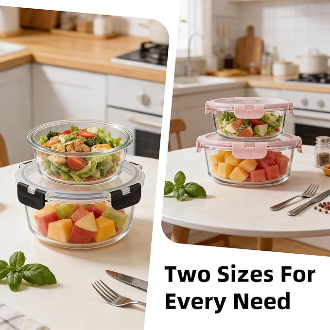 Konokyo Round Glass Food Storage Containers with Lids, 12 Pack Airtight Leakproof Meal Prep Containers, BPA-Free