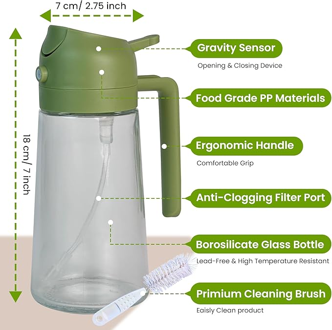 Oil Dispenser, 2 In 1 Cooking Oil Sprayer and Pourer, Non-Drip Spout for Kitchen Oil, Air Fryer, Salad, Grill, 16oz/470ml with clearning brush (Green Cap, Clear Bottle)