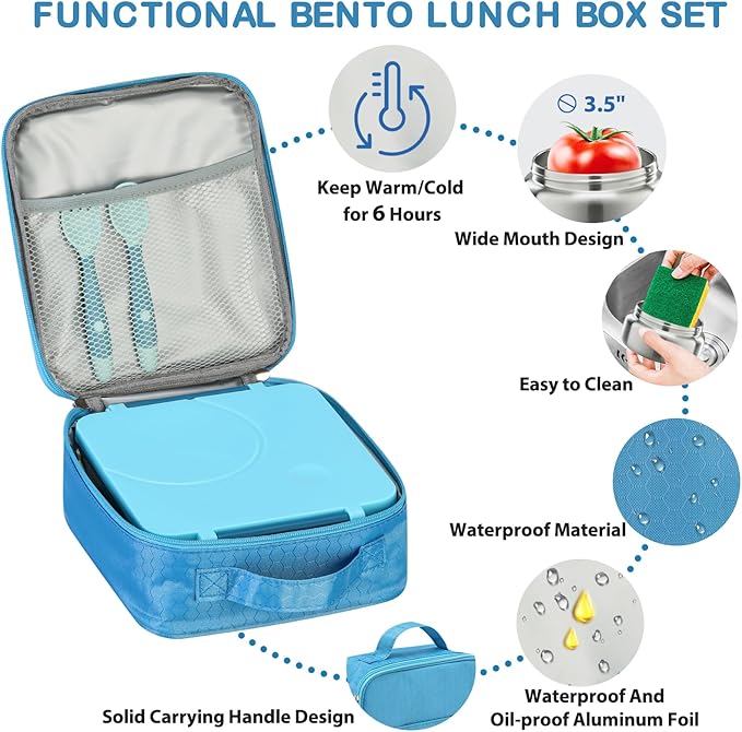 Bento Lunch Box Set for Kids with 8oz Soup Thermo, Leak-Proof Lunch Containers with 4 Compartment
