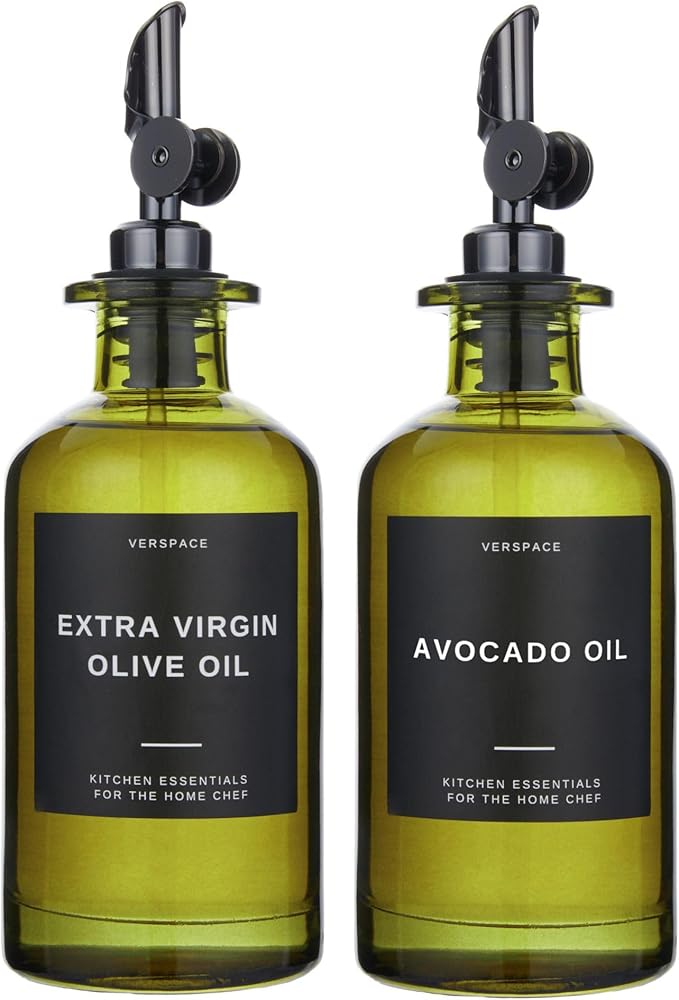 Verspace UV-Protected Green Glass Olive Oil Dispenser Bottles For Kitchen - 2 Pack - 12oz Includes 40 Kitchen Essential Labels, Avocado Oil Dispenser Set, Modern Decor for Home, Airbnb, Cafe