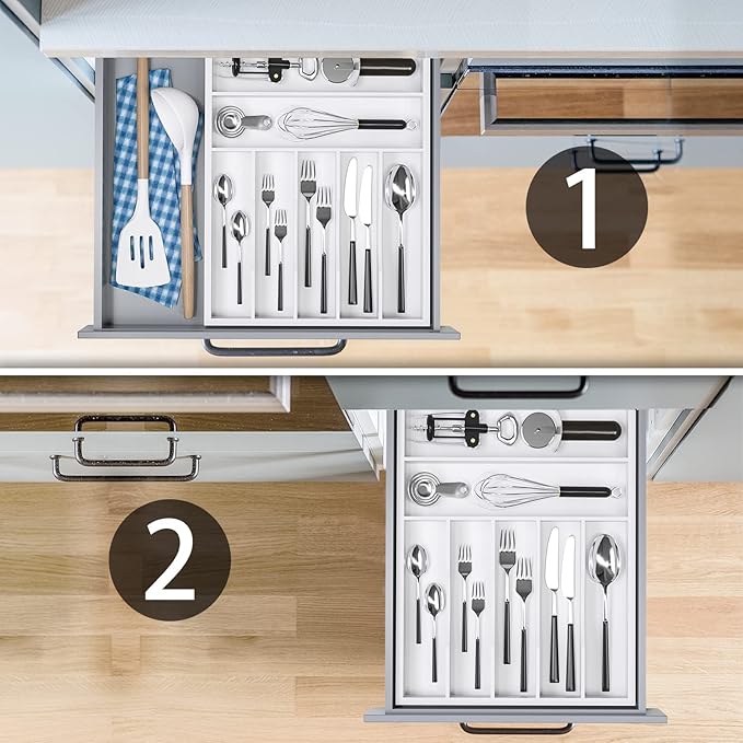 Utensil Organizer Silverware Drawer Organizer - 7 Slots Bamboo Cutlery Organizer Multi-Purpose Silverware Divider for Kitchen Flatware, Hair Accessories, Repair Tools, Art Set W13”x L17” (White)