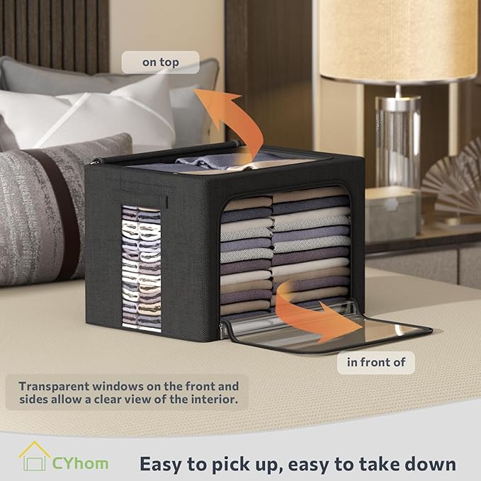 CYhom 3Pack Foldable Storage Bins - Frame Storage Box Linen Fabric Stackable Clothes Container Organizer with Clear Window & Carry Handles Large Capacity (Small-22L, Black)