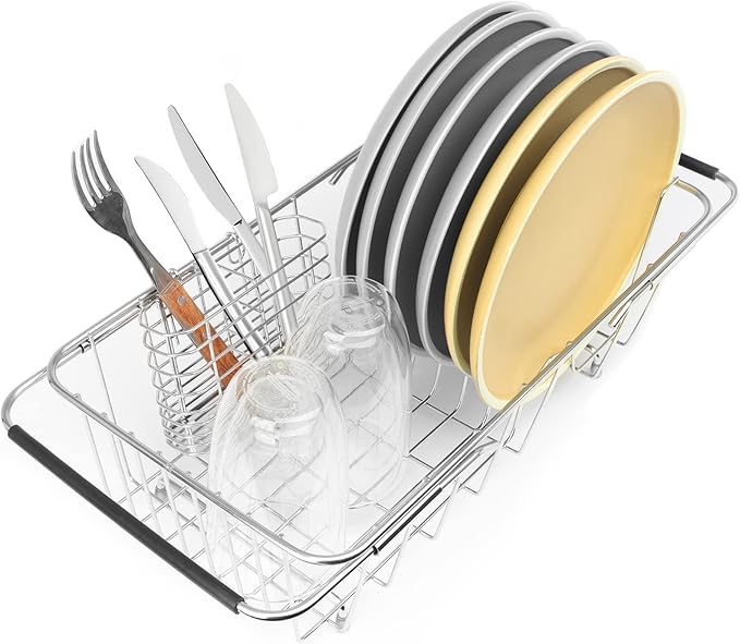Sink Dish Drainer Rack, Expandable 304 Stainless Steel Dish Drying Rack Organizer with Stainless Steel Utensil Rack, Adjustable 14.96" to 20.59" Inside The Sink (up to 7 Upright Utensils).