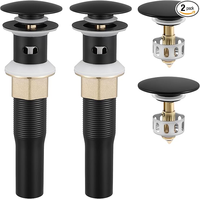 KES All Metal Bathroom Sink Drain with Overflow, 2 Pack, Lavatory Vanity Pop Up Drain with Detachable Hair Catcher, Rustproof 18/8 Stainless Steel