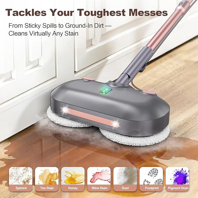 Scrubbing Steam Mop with Rotating Pads, Spin Steam Cleaner for Floor Cleaning,Large Tank,23FT Cord, LED Headlights,Reusable Pads & Self-Standing,Safe for Hard Floor/Laminate/Marble