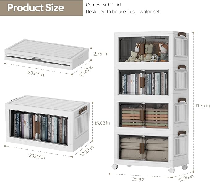 265 QT/66 GAL 4 Tier Stackable Plastic Storage Bins with Lids, Collapsible Closet Organizer, Lockable Folding Storage Containers with Doors and Wheels for Closets, Office