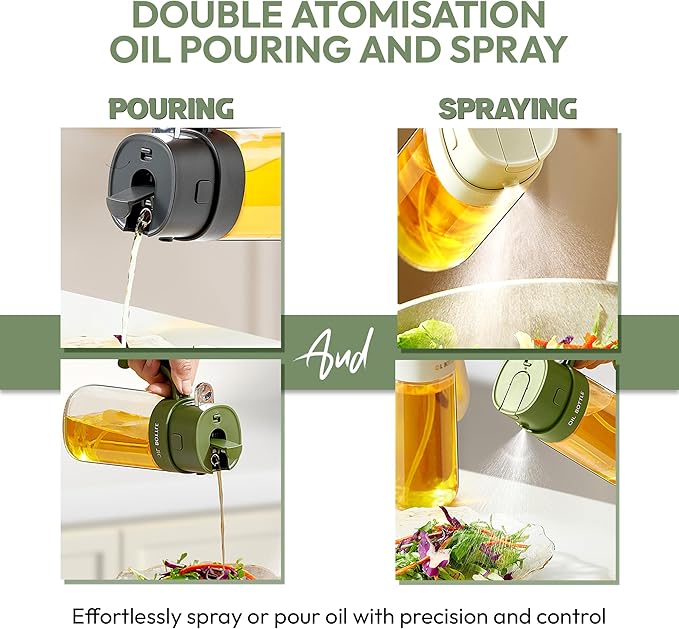 2-in-1 Green 18oz / 550ml - Olive Oil Sprayer for Cooking,Salad and BBQ, Leakproof Oil Dispenser for Frying, Glass OliveOil Multifunctional Sprayer / Dispenser Bottle for cooking, Oil Mister Bottle