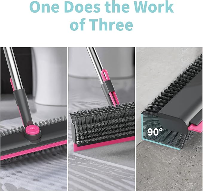 AIR U+ Floor Scrub Brush with Long Handle, 3 in 1 Scrape and Heavy-Duty Stiff Bristle Scrubber Brush for Cleaning Shower Bathroom, Patio, Pool, Garage