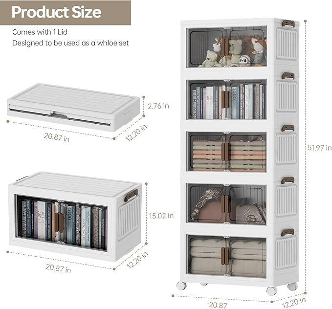 331 QT/83 GAL 5 Tier Stackable Plastic Storage Bins with Lids, Collapsible Closet Organizer, Lockable Folding Storage Containers with Doors and Wheels for Closets, Office