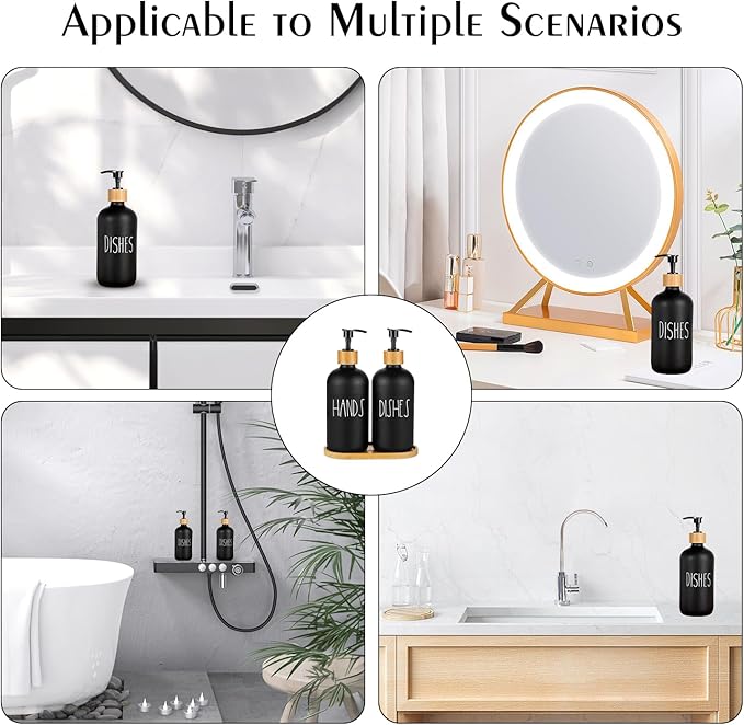 Arktek Glass Soap Dispenser Set with Tray, 2 Pack Hand and Dish Soap Dispenser Set for Bathroom and Kitchen Bottle Dispenser with Dish Soap, Hand Soap, Lotion 17 Oz (2 Black)